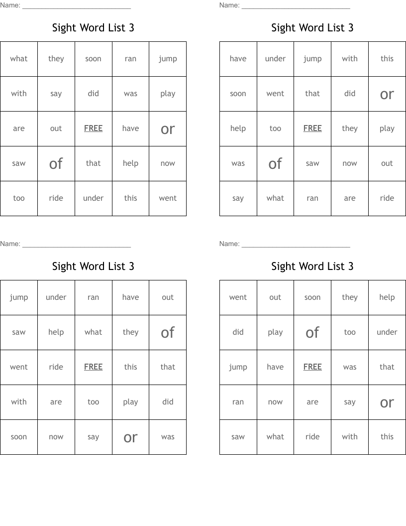 Sight Word List 3 Bingo Cards