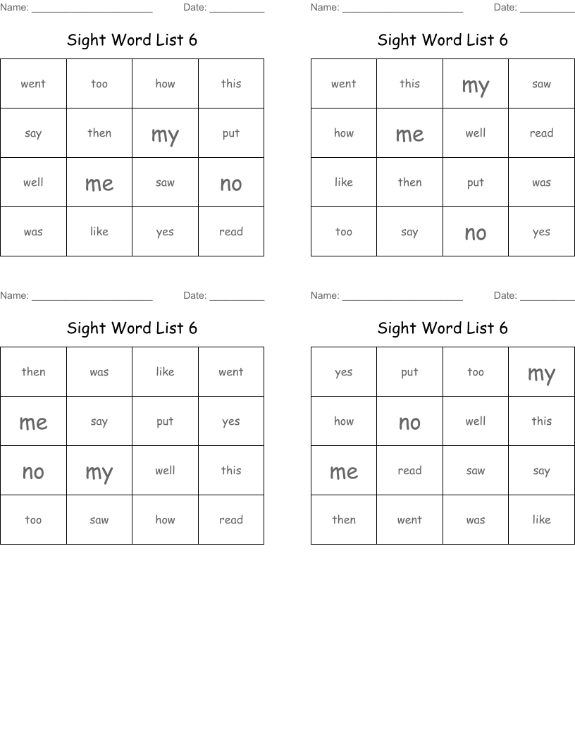 Sight Word List 6 Bingo Cards