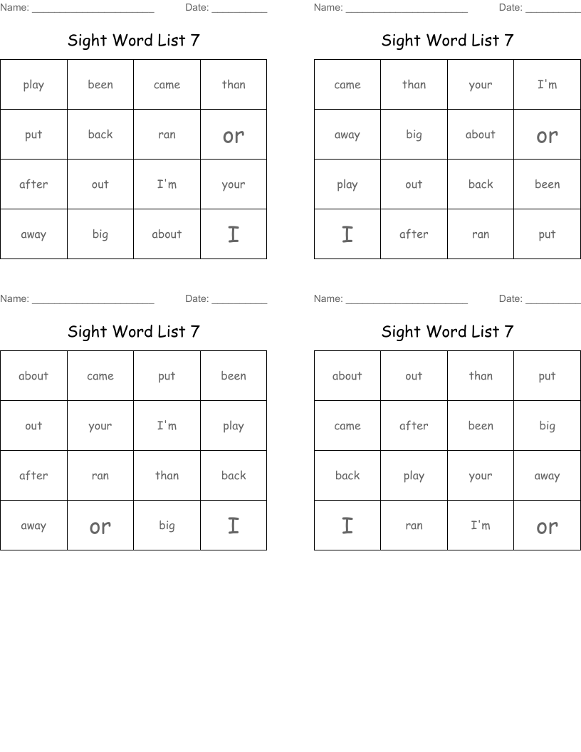 Sight Word List 7 Bingo Cards