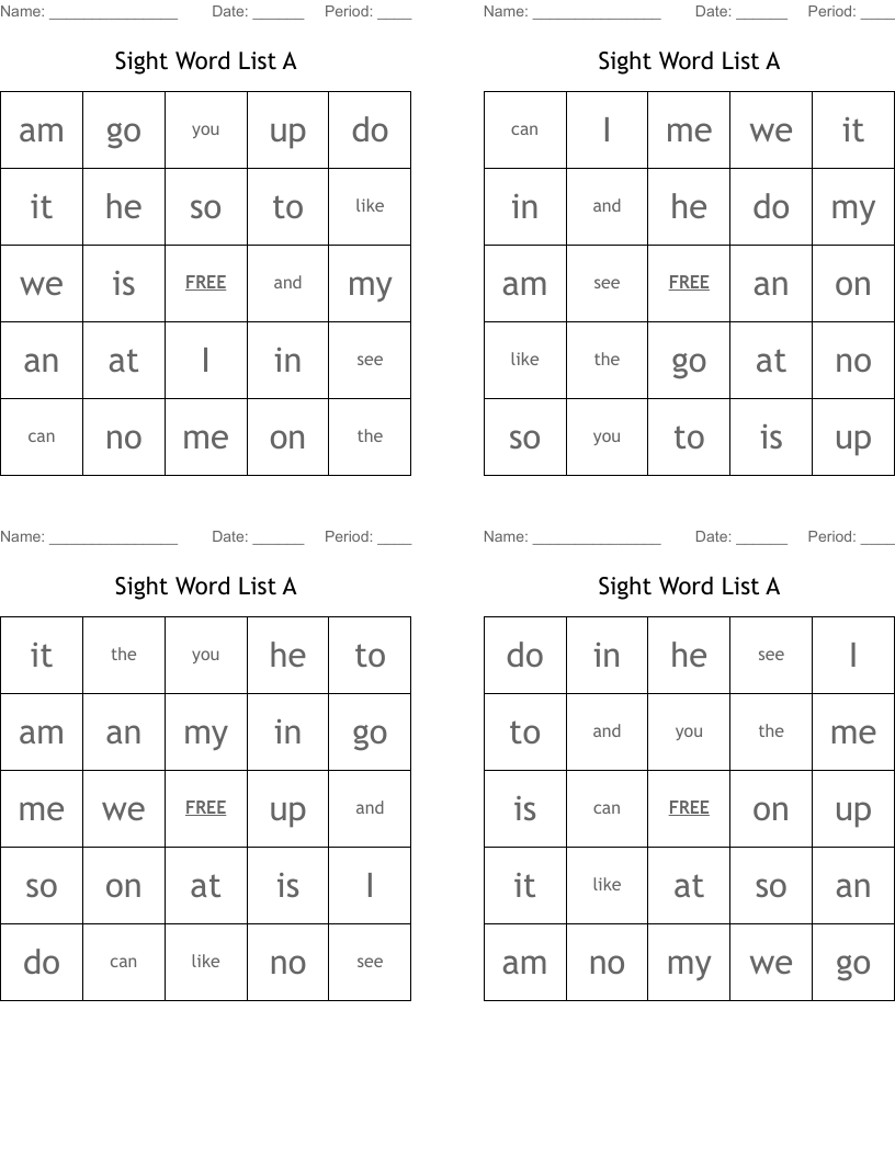 Sight Word List A Bingo Cards