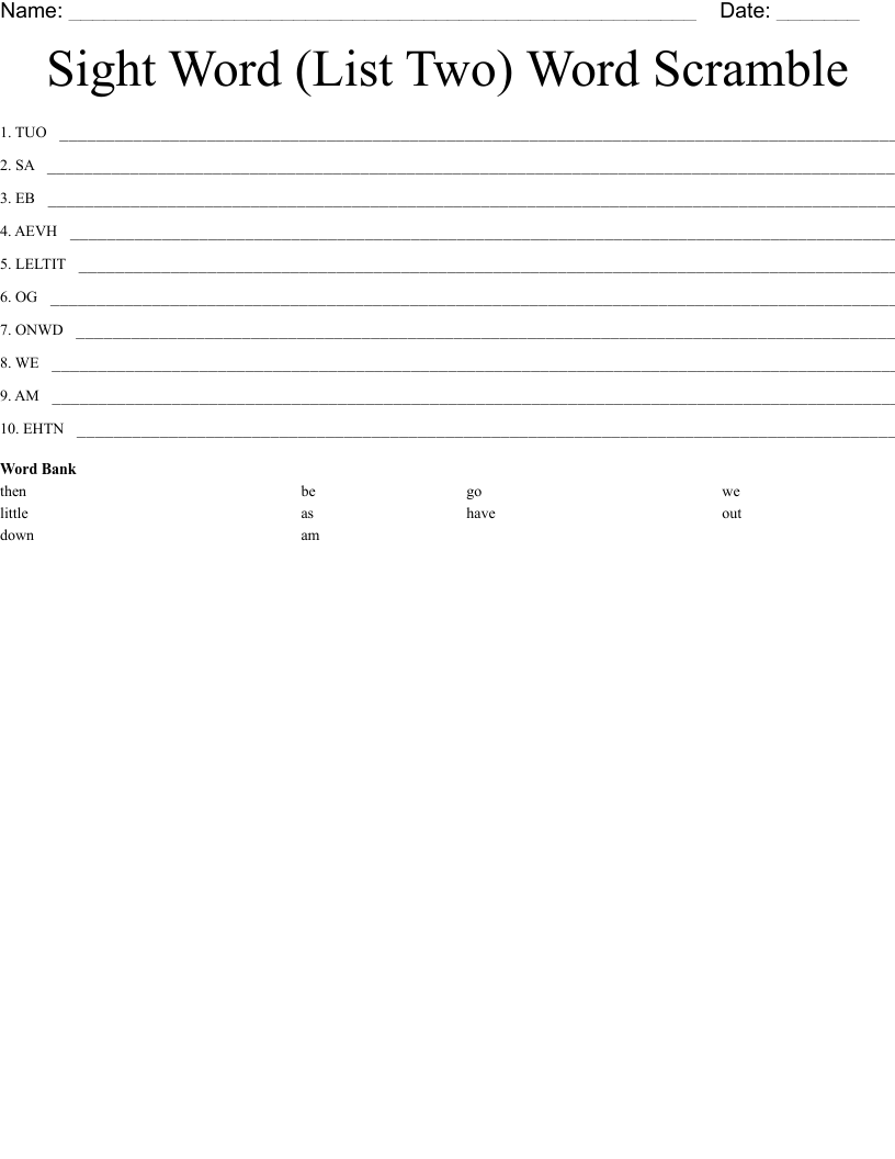 Sight Word (List Two) Word Scramble