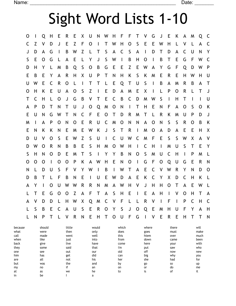 Sight Word Lists 1-10 Word Search