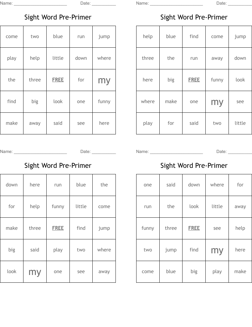 Sight Word Pre-Primer Bingo Cards