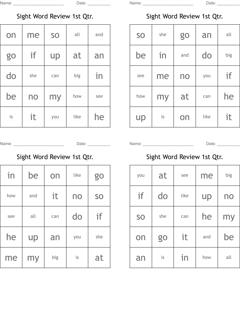 Sight Word Review 1st Qtr. Bingo Cards