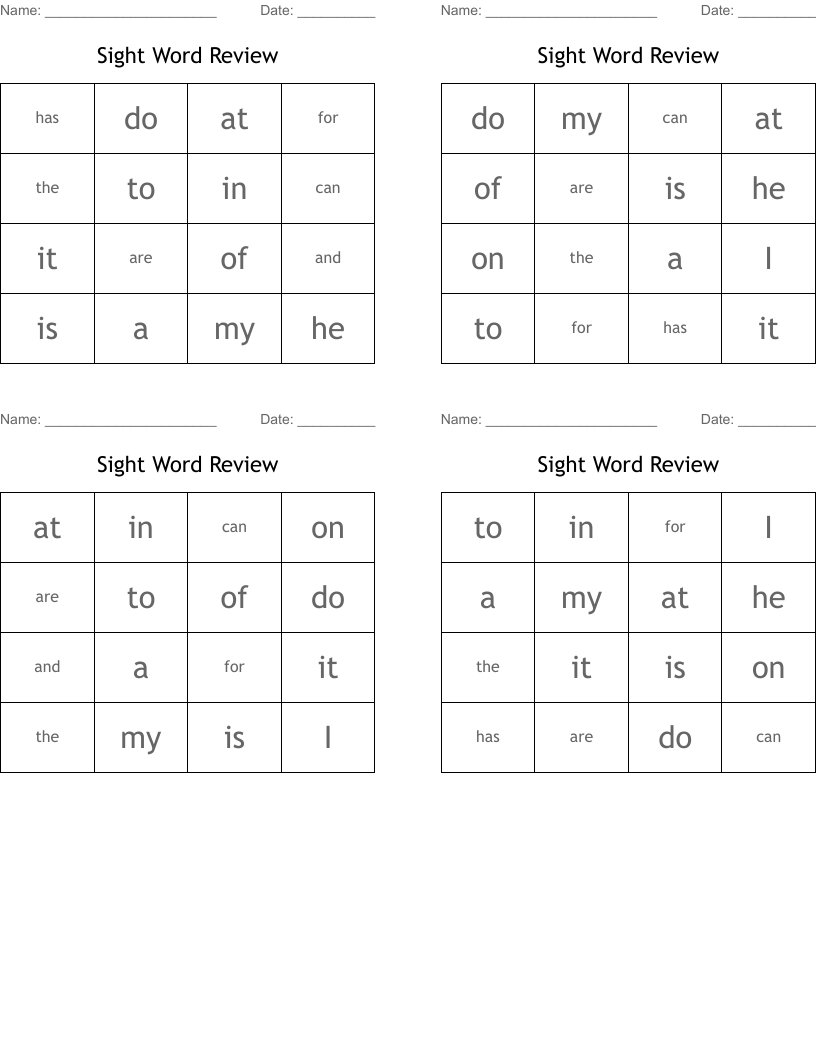 Sight Word Review Bingo Cards