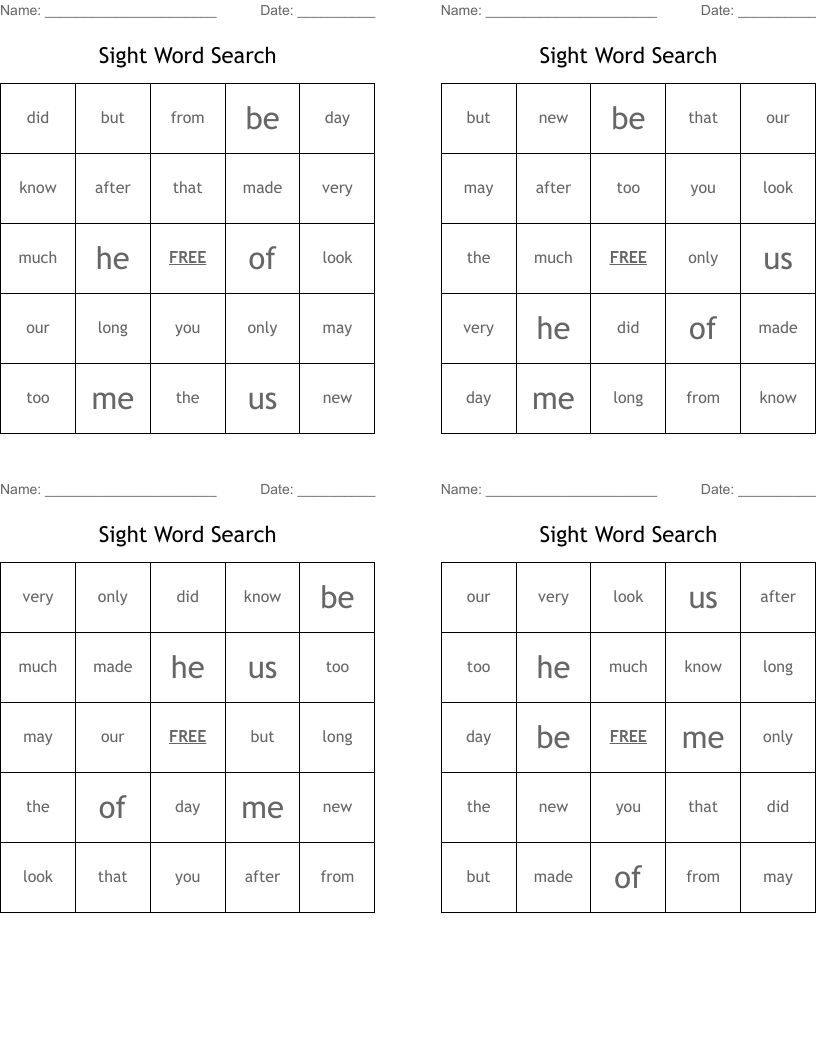 Sight Word Search Bingo Cards