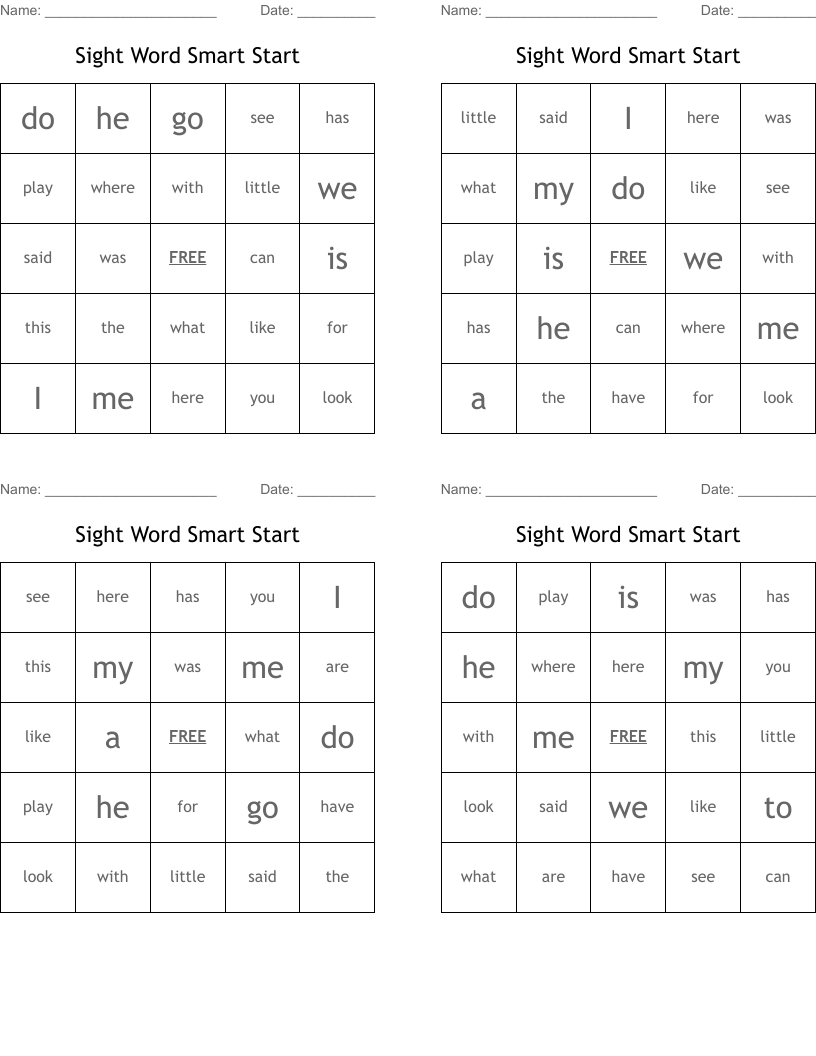 Sight Word Smart Start Bingo Cards