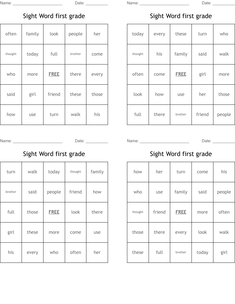 Sight Word first grade Bingo Cards