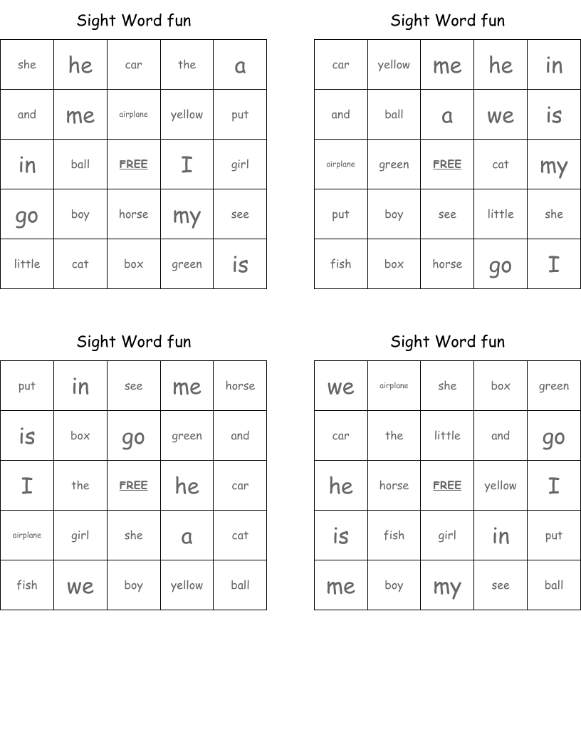 Sight Word fun Bingo Cards