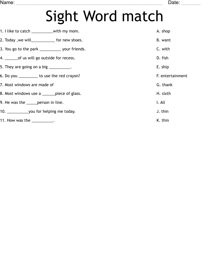 Sight Word match Worksheet