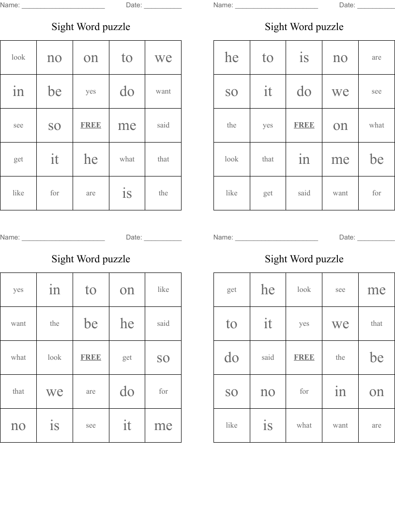 Sight Word puzzle Bingo Cards