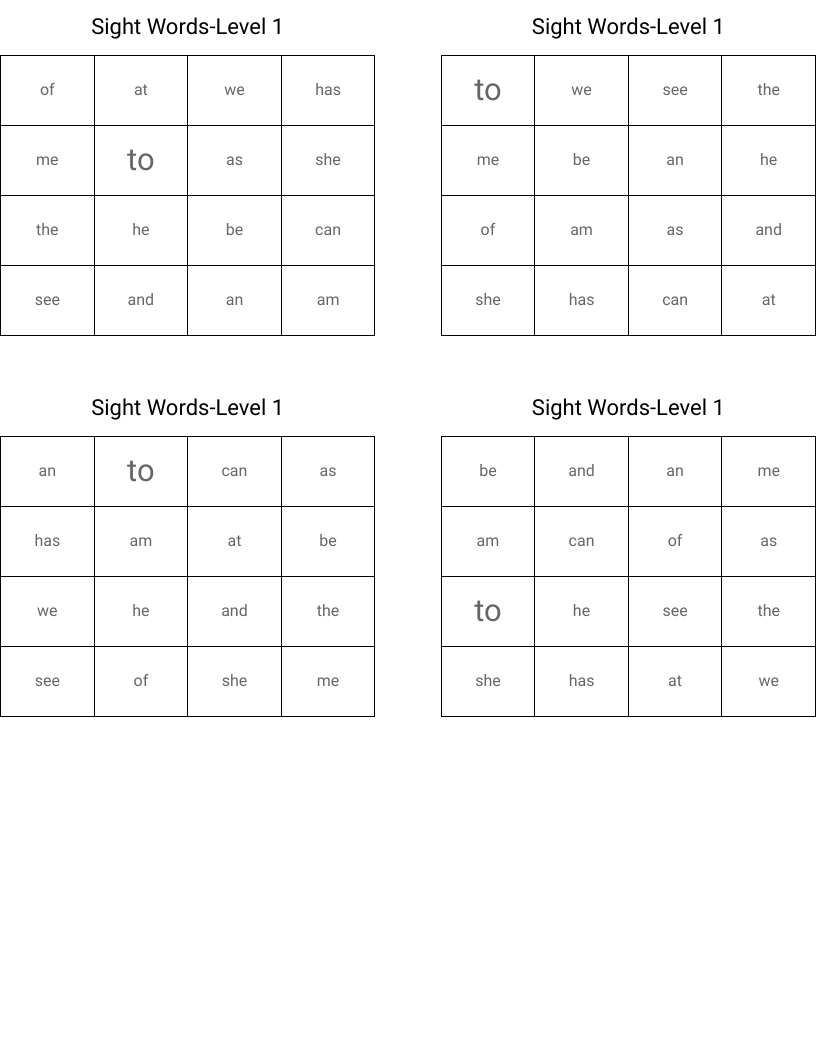 Sight Words-Level 1 Bingo Cards