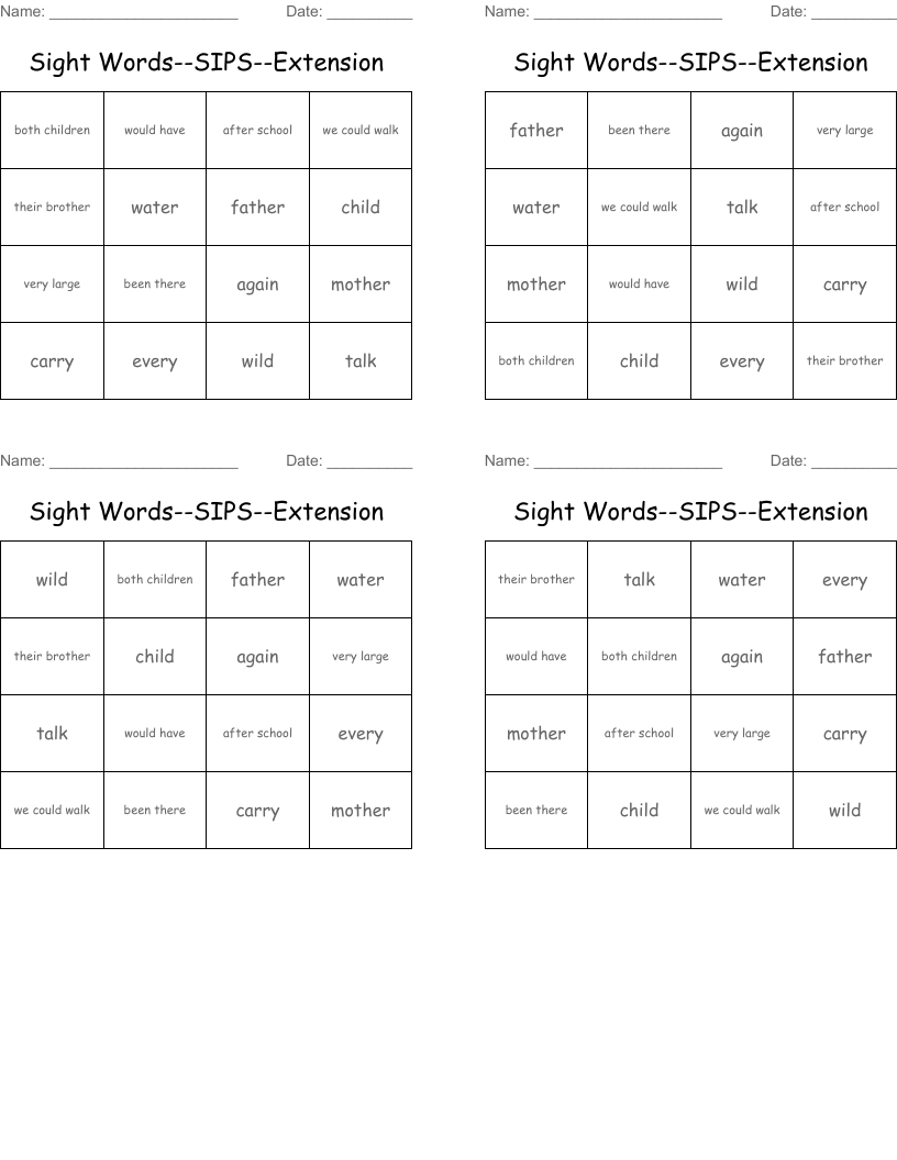 Sight Words--SIPS--Extension  Bingo Cards