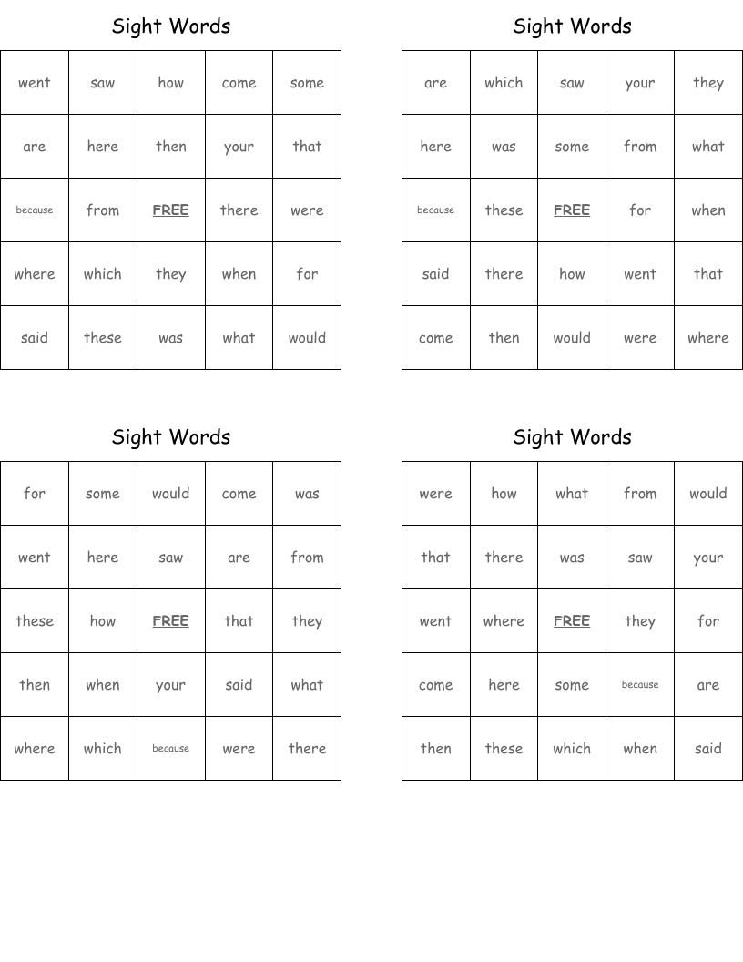 Sight Words Bingo Cards