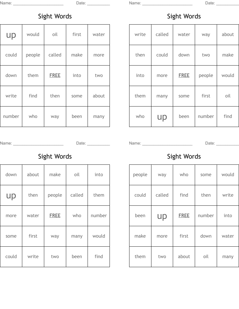 Sight Words Bingo Cards