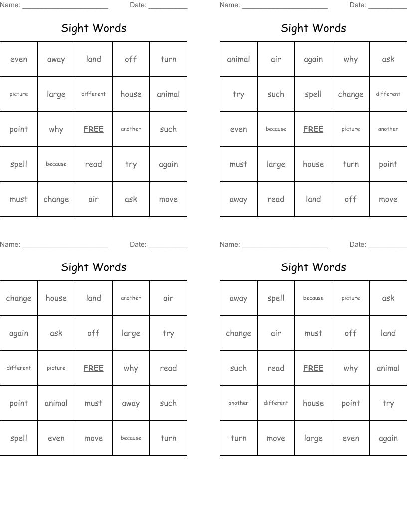 Sight Words Bingo Cards
