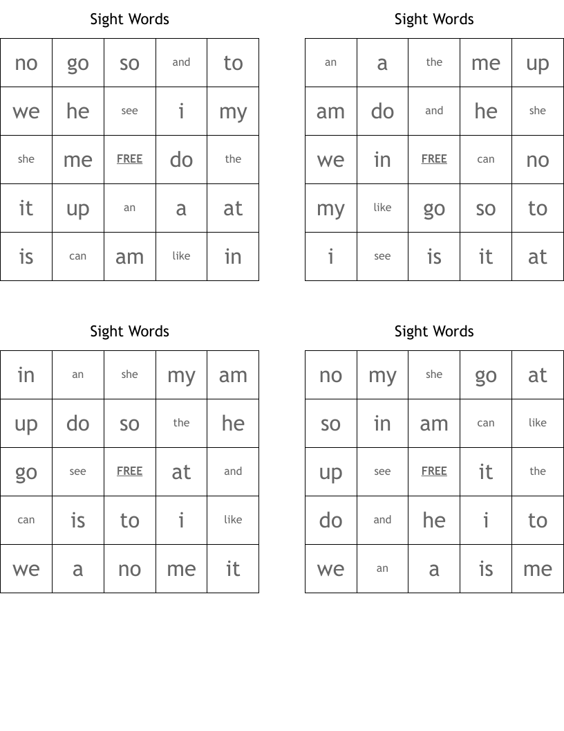 Sight Words Bingo Cards