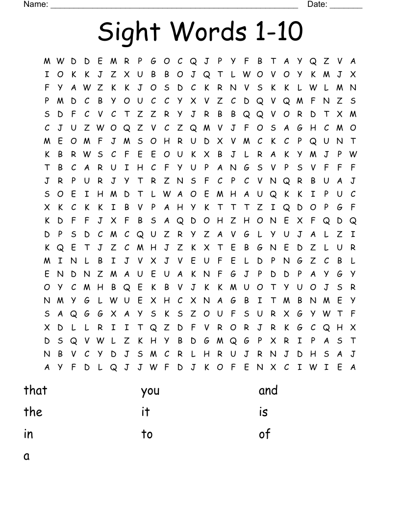 Sight Words 1-10 Word Search