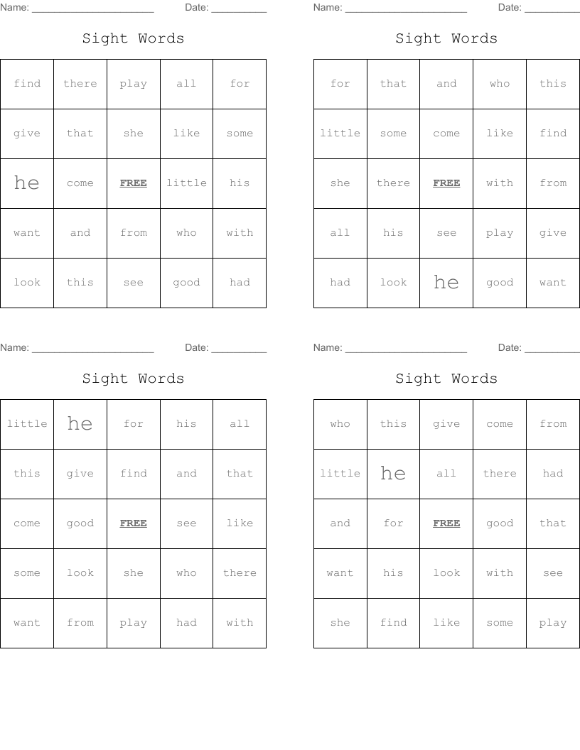 Sight Words Bingo Cards