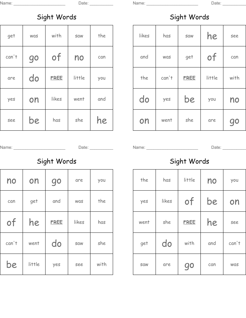 Sight Words Bingo Cards