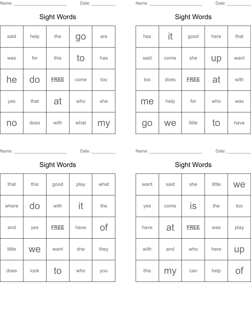 Sight Words Bingo Cards