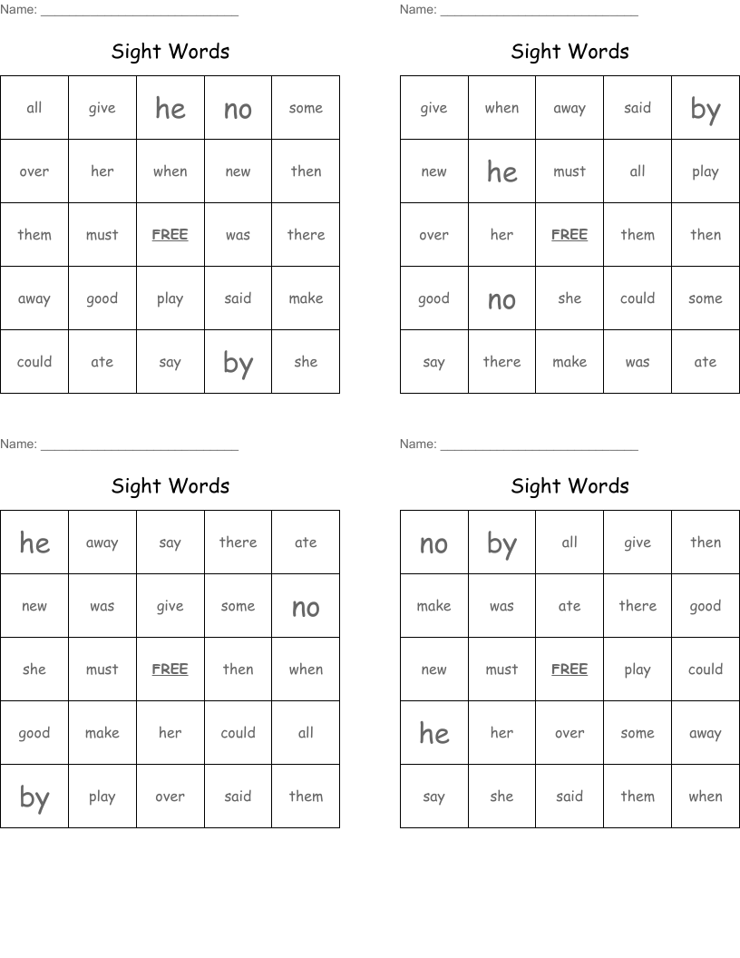 Sight Words Bingo Cards