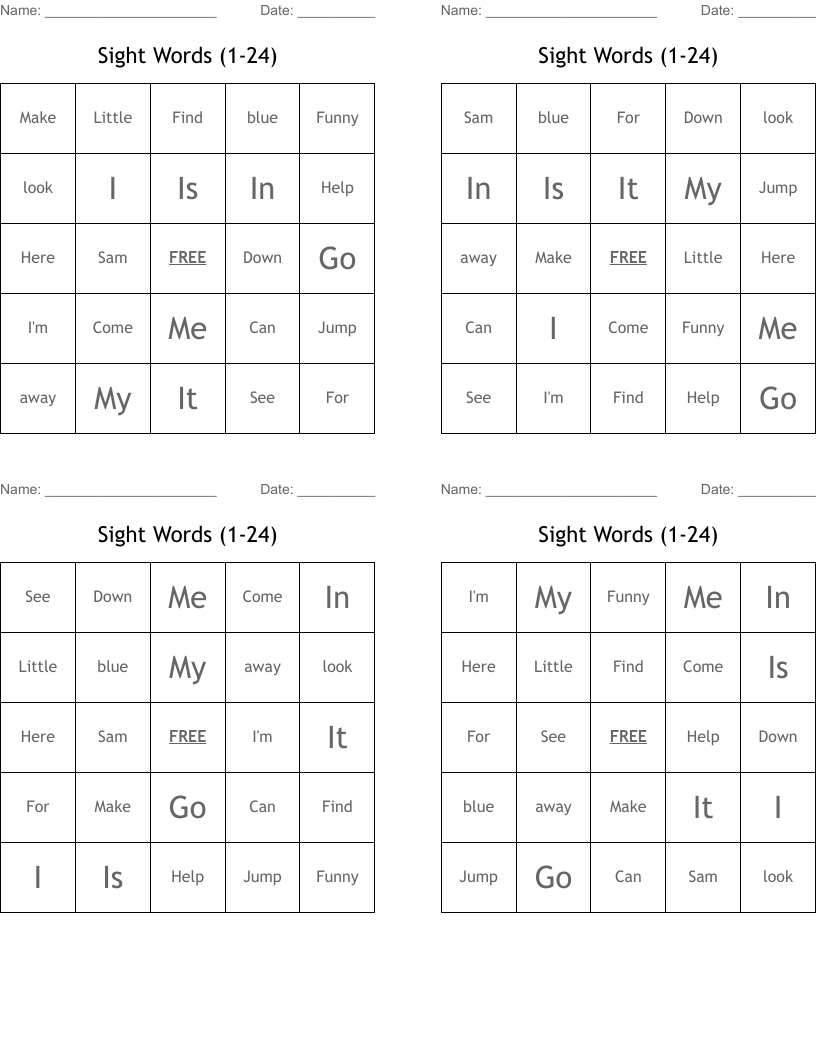 Sight Words (1-24) Bingo Cards