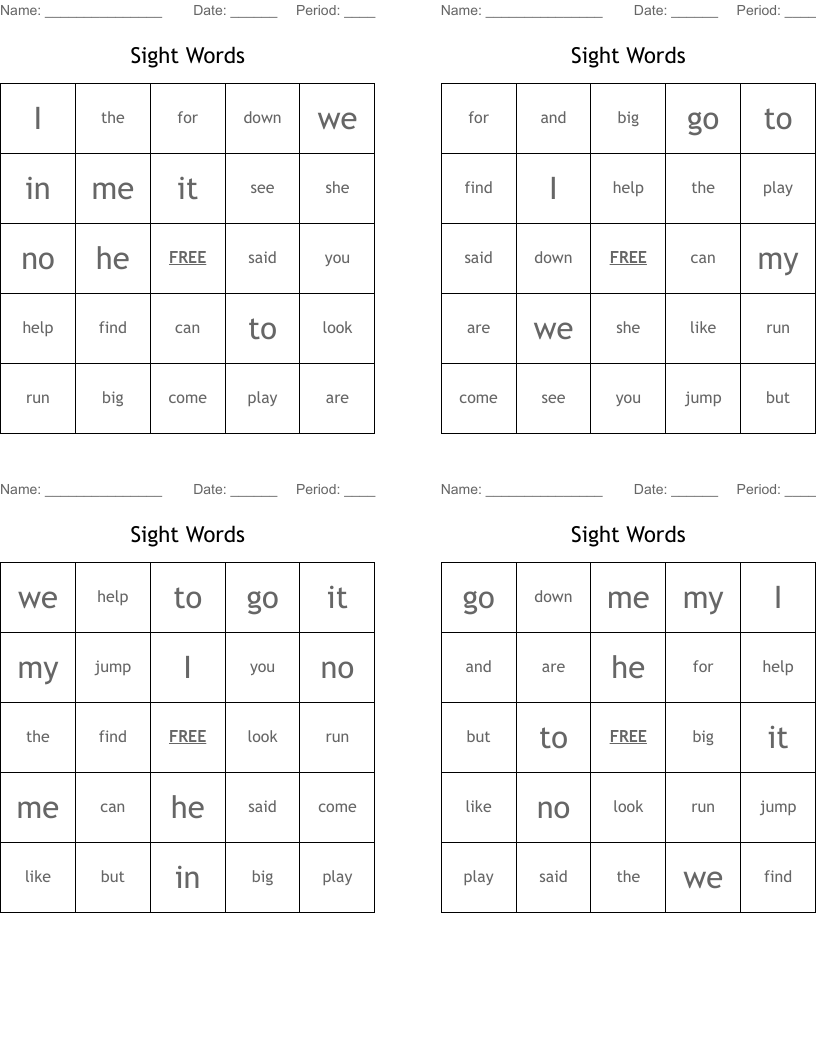 Sight Words Bingo Cards