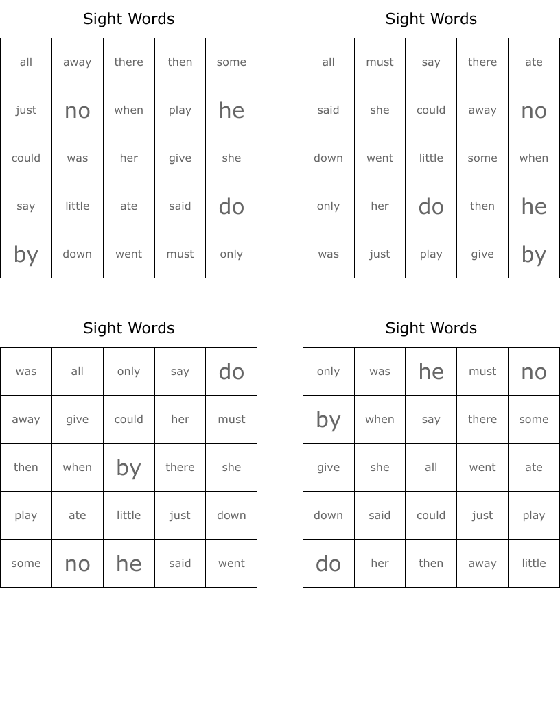 Sight Words Bingo Cards