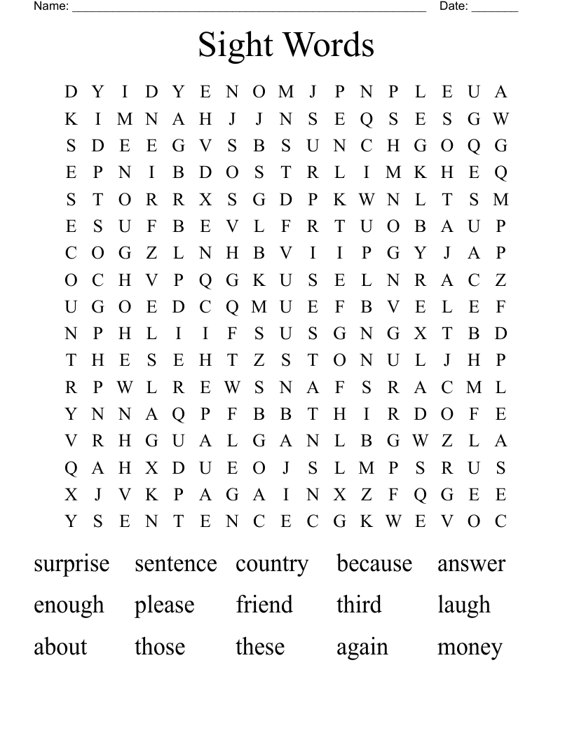 Sight Words Word Search
