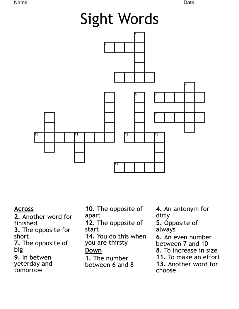 Sight Words Crossword