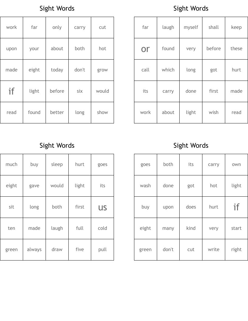 Sight Words Bingo Cards