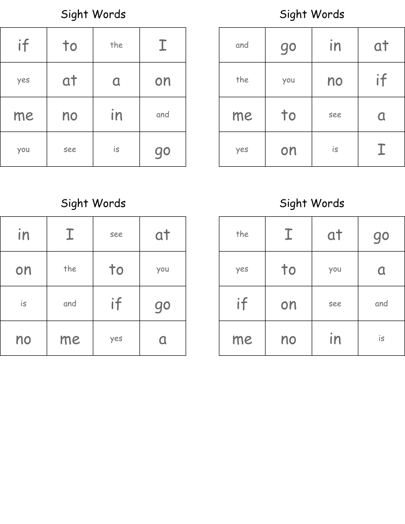 Sight Words Bingo Cards