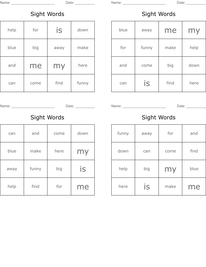 Sight Words Bingo Cards
