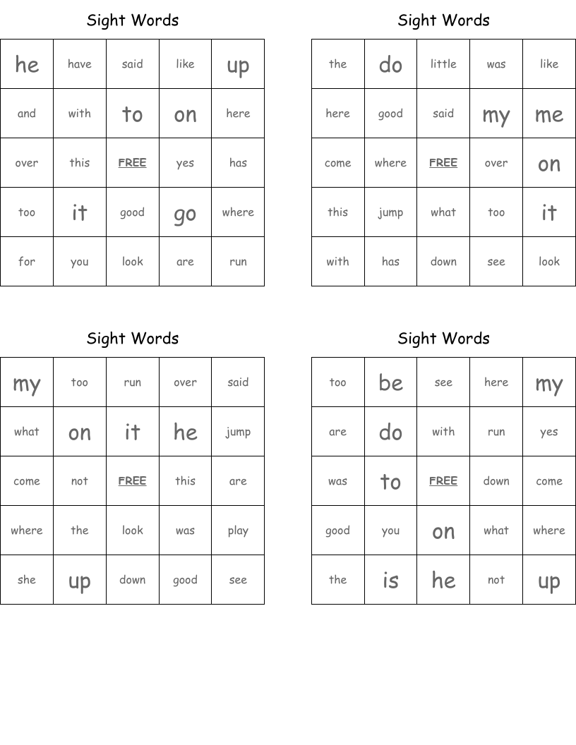 Sight Words Bingo Cards