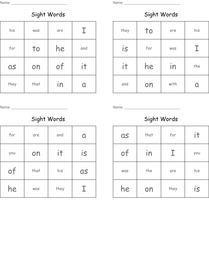 Sight Words Bingo Cards