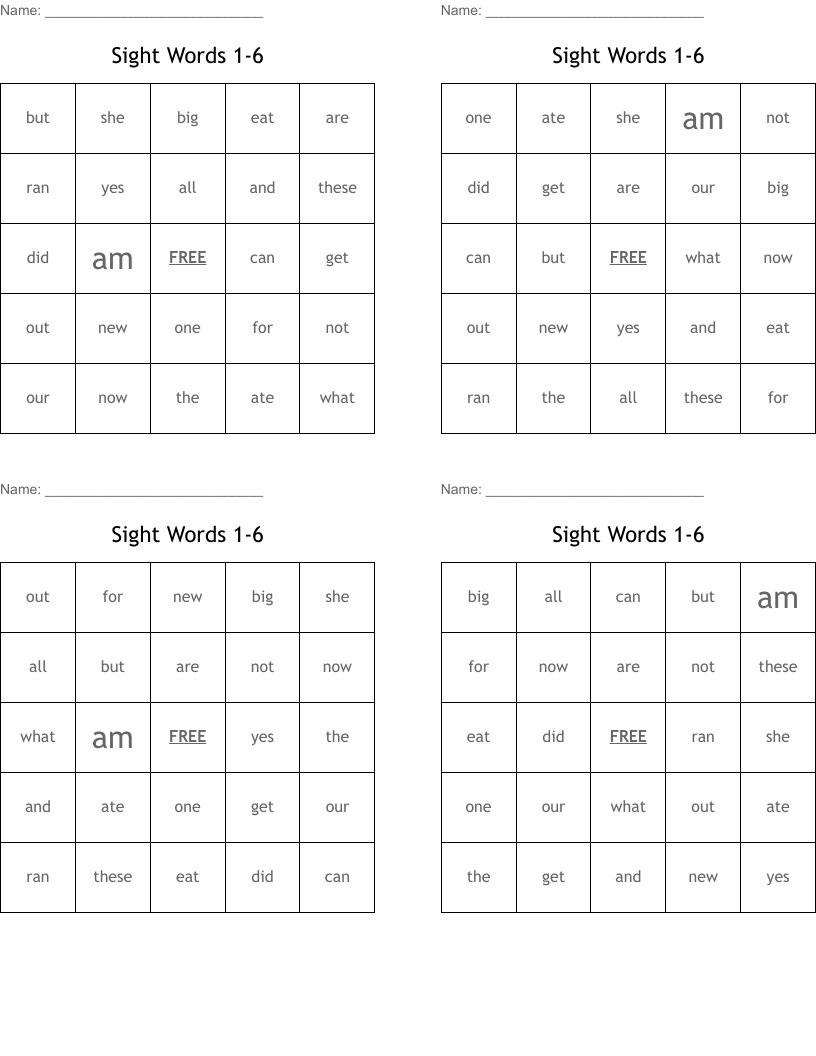 Sight Words 1-6 Bingo Cards