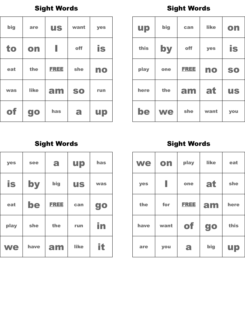 Sight Words Bingo Cards