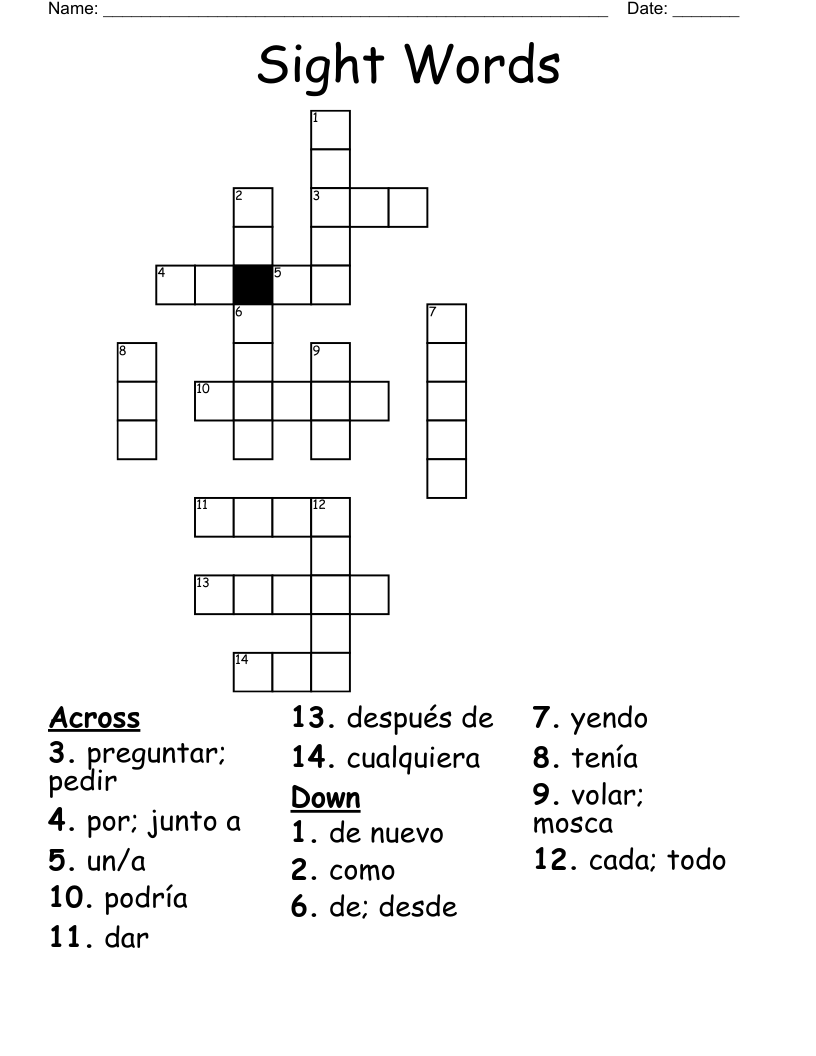 Sight Words Crossword