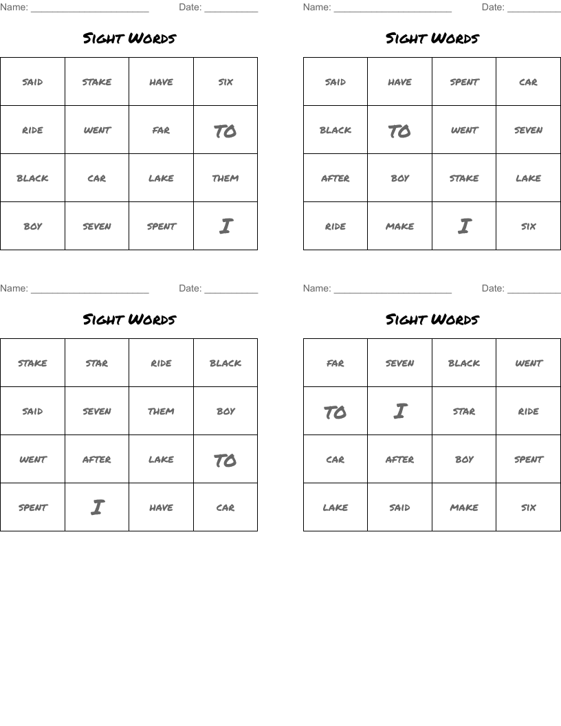 Sight Words Bingo Cards
