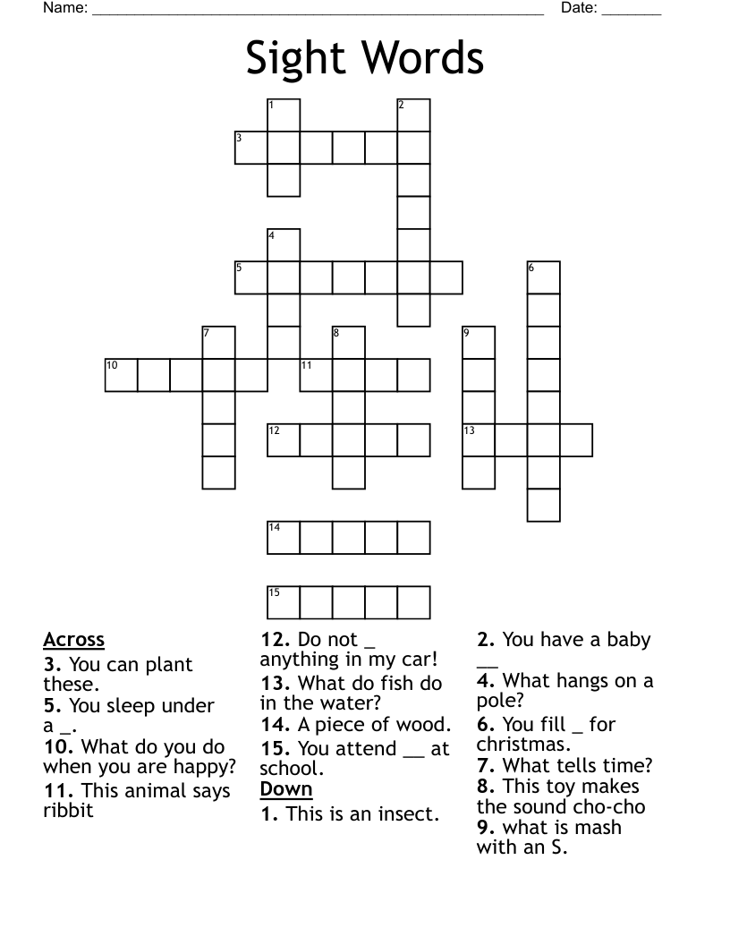 Sight Words Crossword