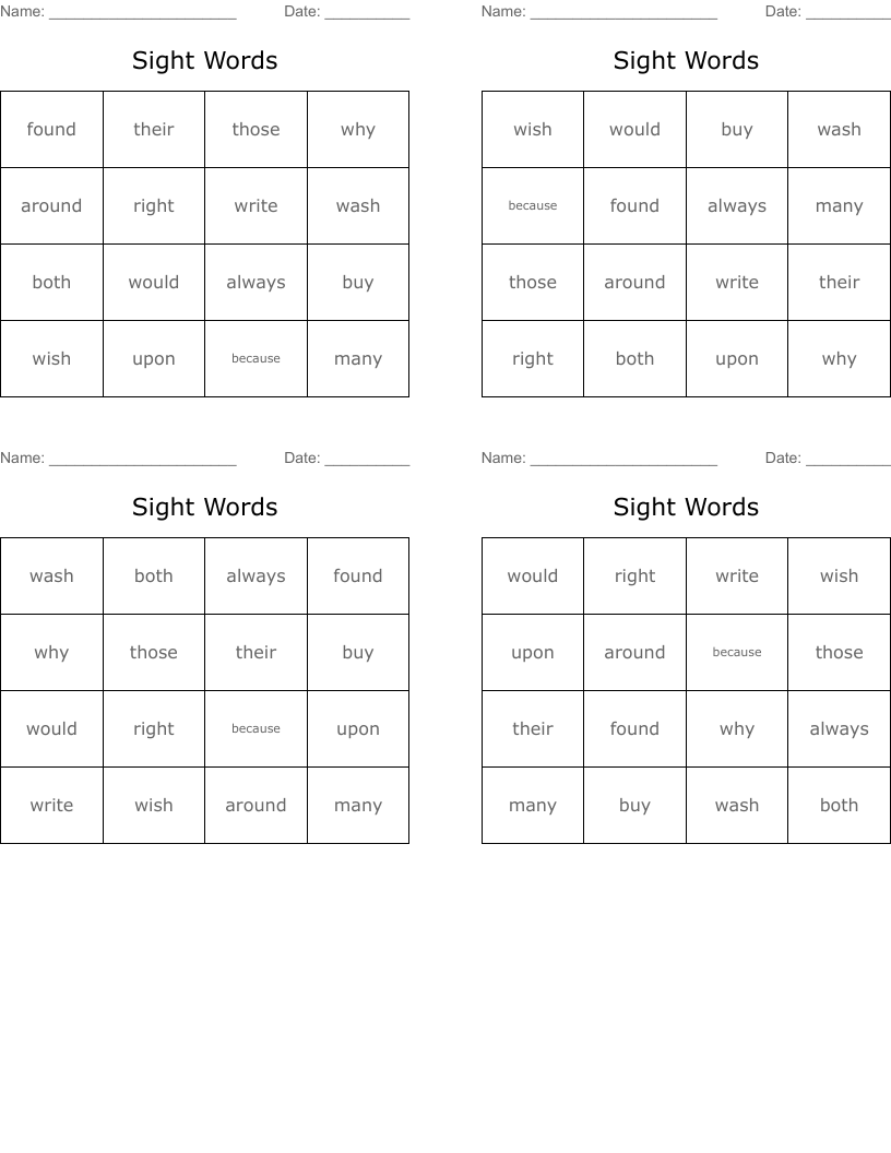 Sight Words Bingo Cards