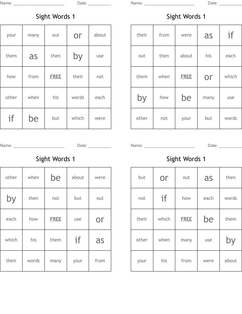 Sight Words 1 Bingo Cards