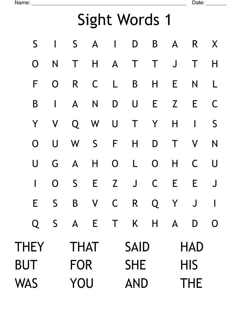Sight Words 1 Word Search