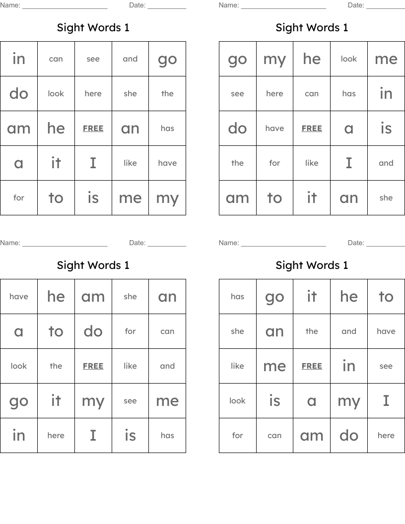 Sight Words 1 Bingo Cards