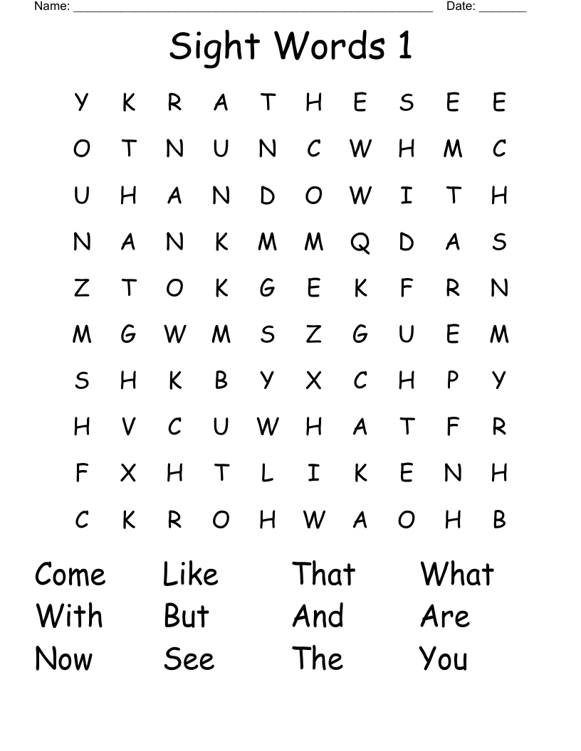 Sight Words 1 Word Search