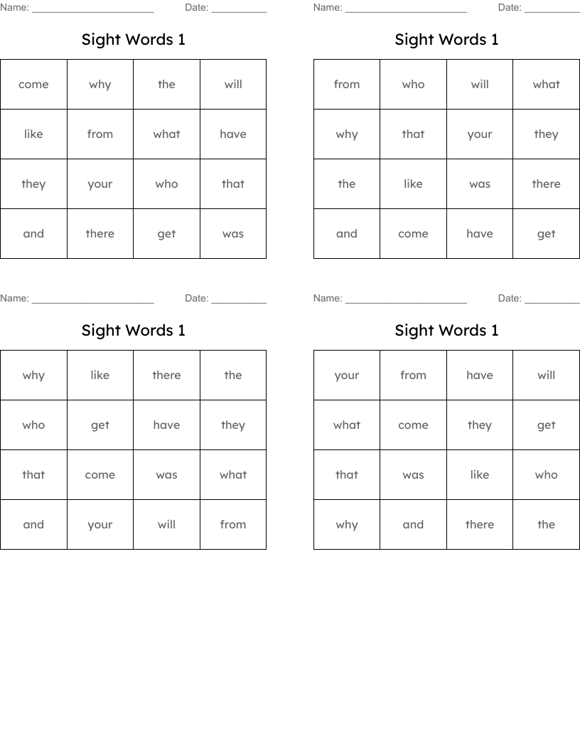 Sight Words 1 Bingo Cards
