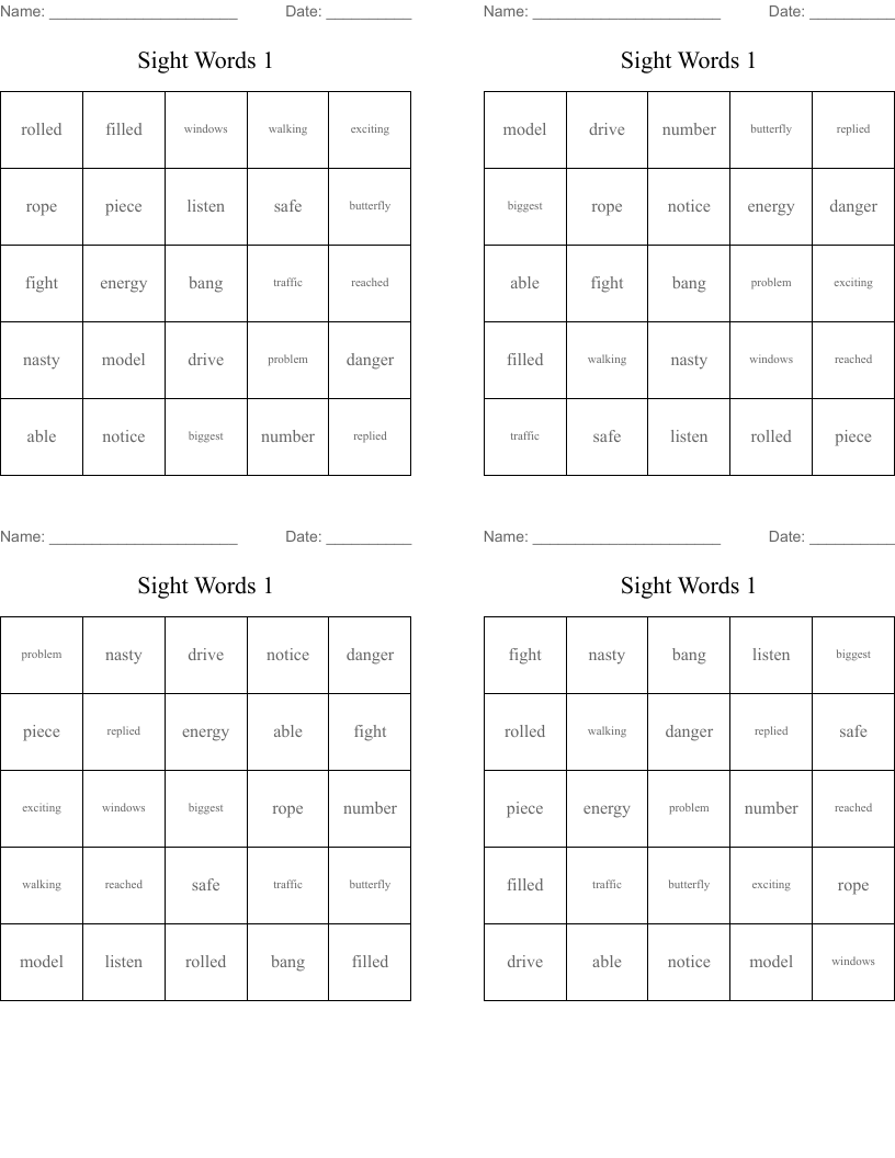 Sight Words 1 Bingo Cards