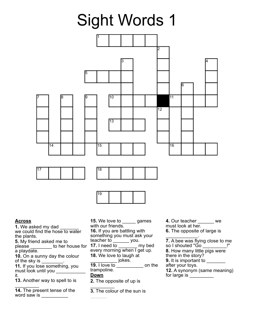 Sight Words 1 Crossword