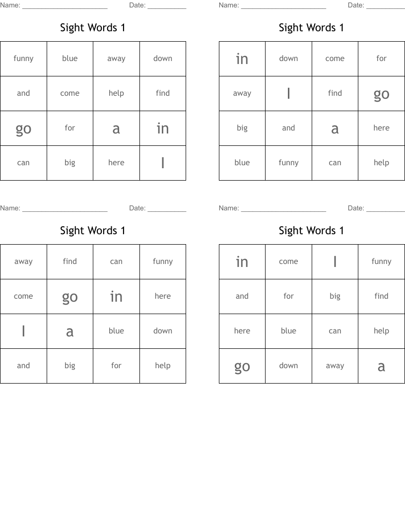 Sight Words 1 Bingo Cards